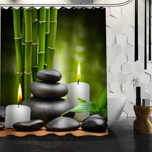 Cortina de ducha zen con piedras apiladas