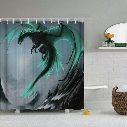 Cortina de ducha dragón fantástico montañas