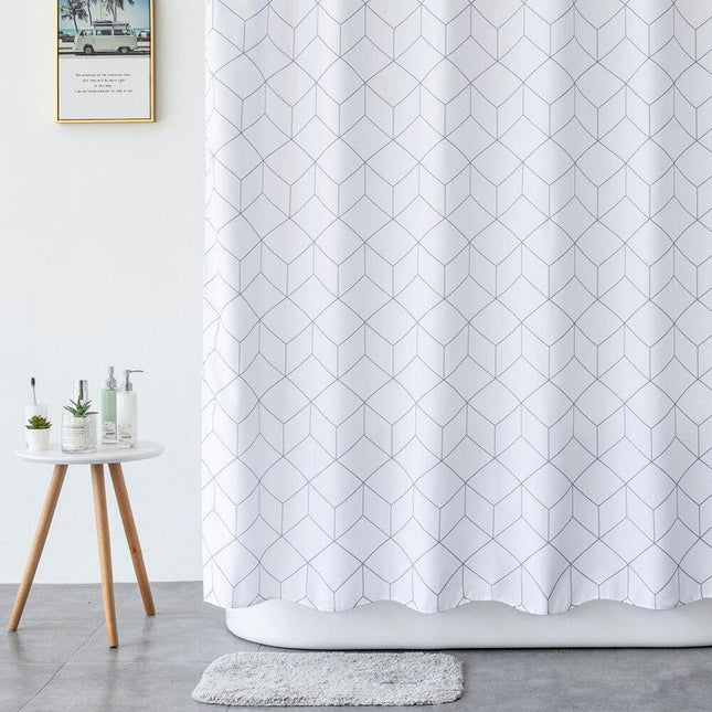 Cortina de ducha blanca con diseño geométrico