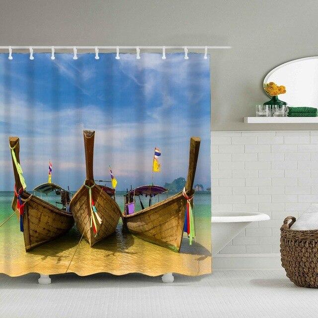 Cortina de ducha barcas en playa exótica